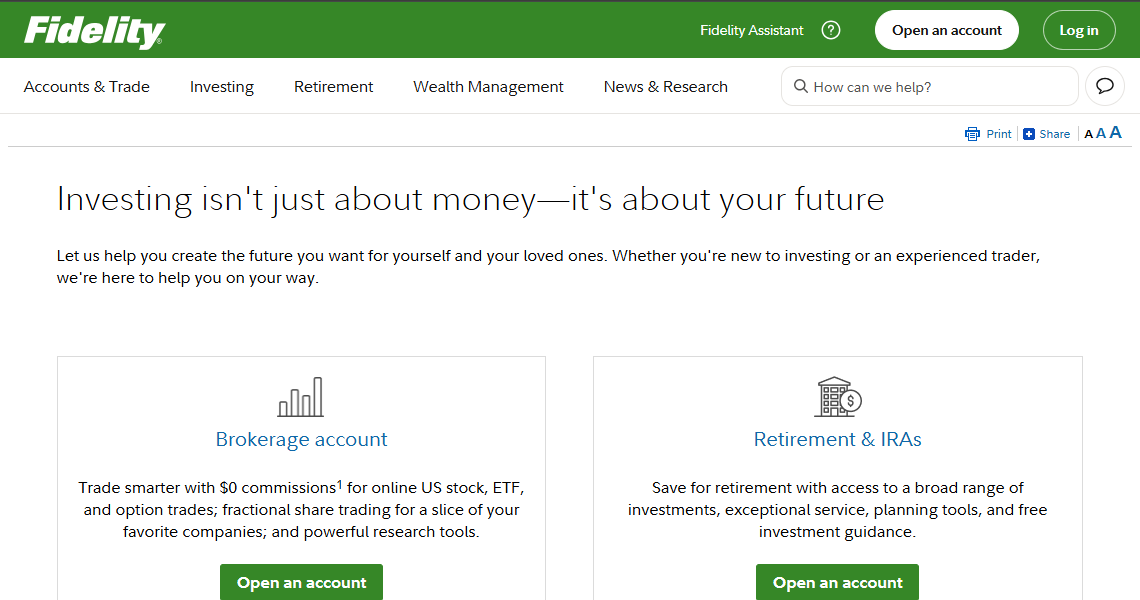Fidelity account opening options - brokerage and retirement accounts
