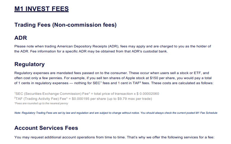 M1 Finance official trading and investment fees disclosure page, screenshot taken September 5, 2026