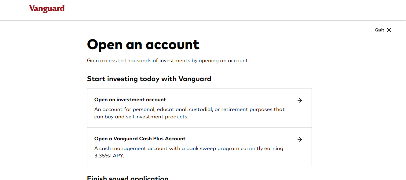 Vanguard account opening screen showing investment account and Cash Plus Account options, screenshot taken September 5, 2026