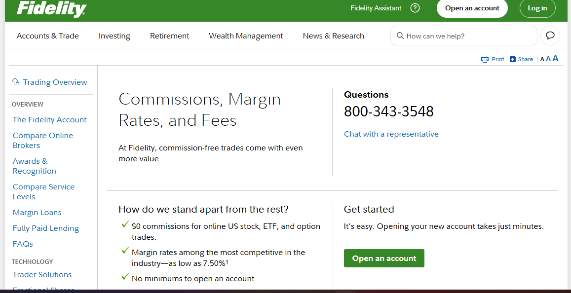 Fidelity official pricing and commissions page screenshot