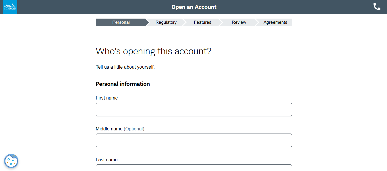 Charles Schwab account opening process showing the 5-step application flow, screenshot taken September 5, 2026